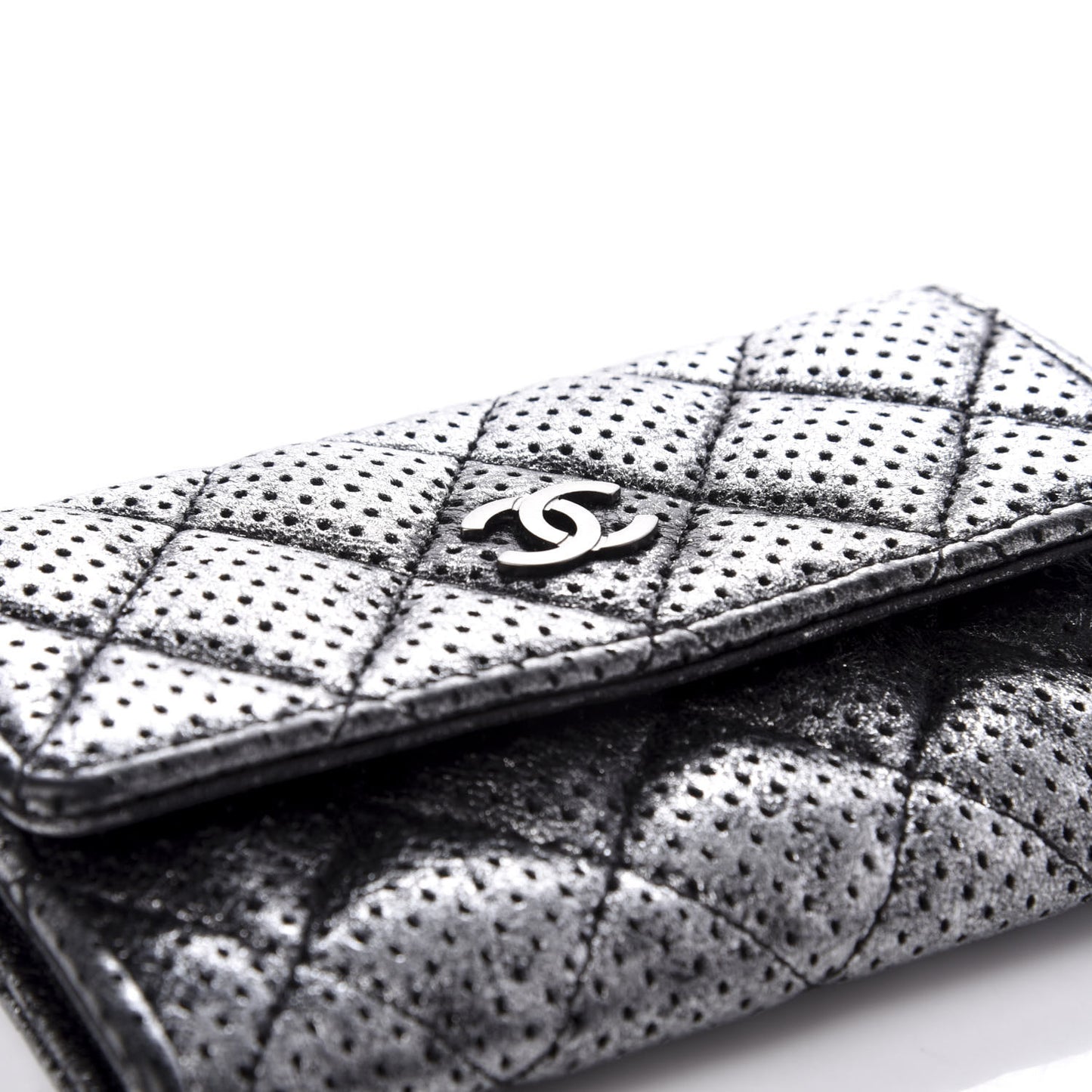 Metallic Calfskin Perforated Quilted Card Holder Grey