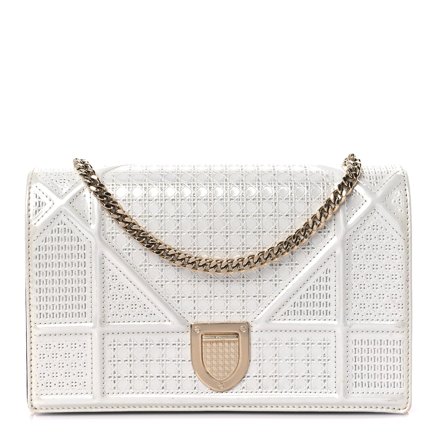 Christian Dior Patent Micro-Cannage Diorama Wallet on Chain Pouch White 1 of 10