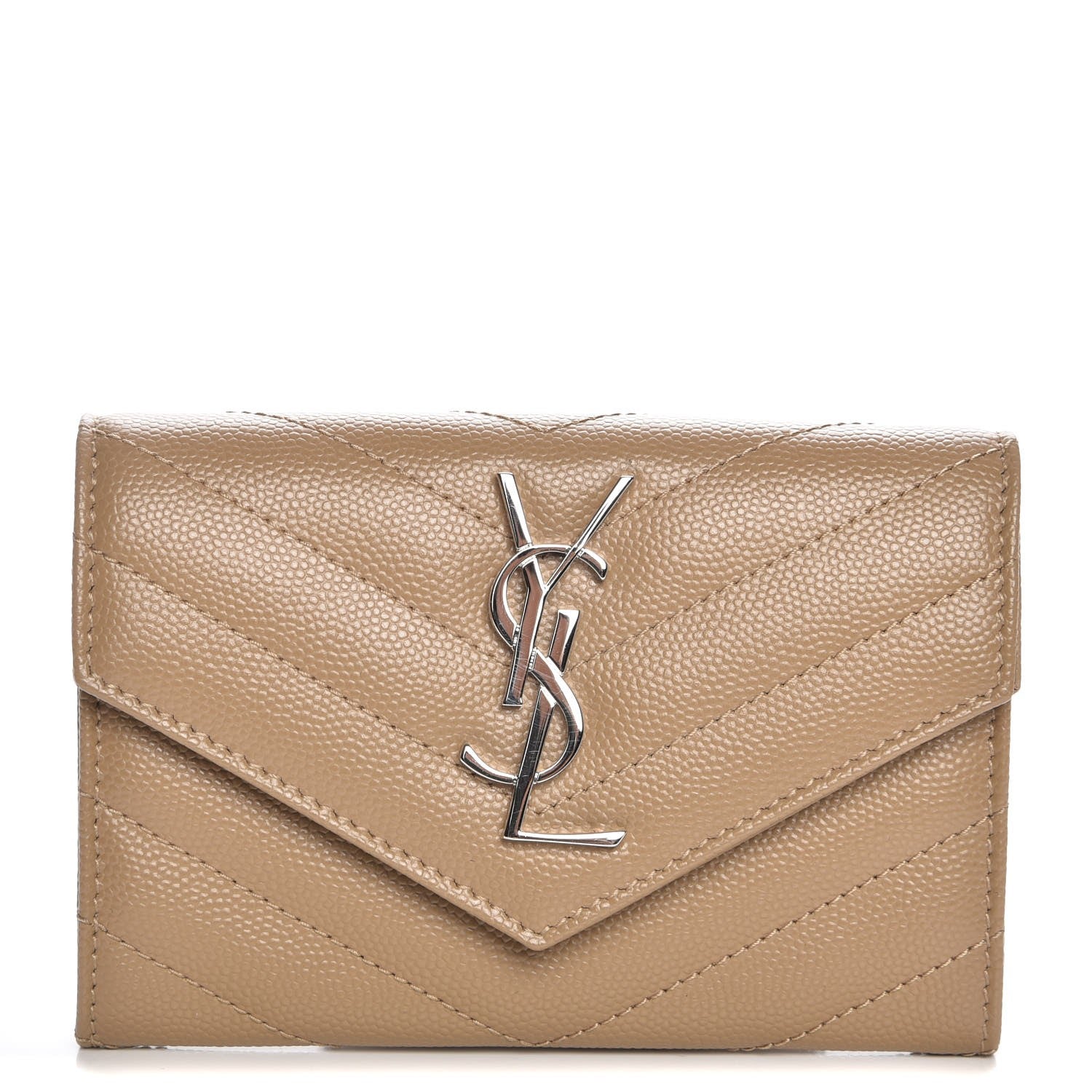 Saint Laurent Grain De Poudre Matelasse Chevron Small Monogram Envelope Wallet Dark Beige 1 of 8