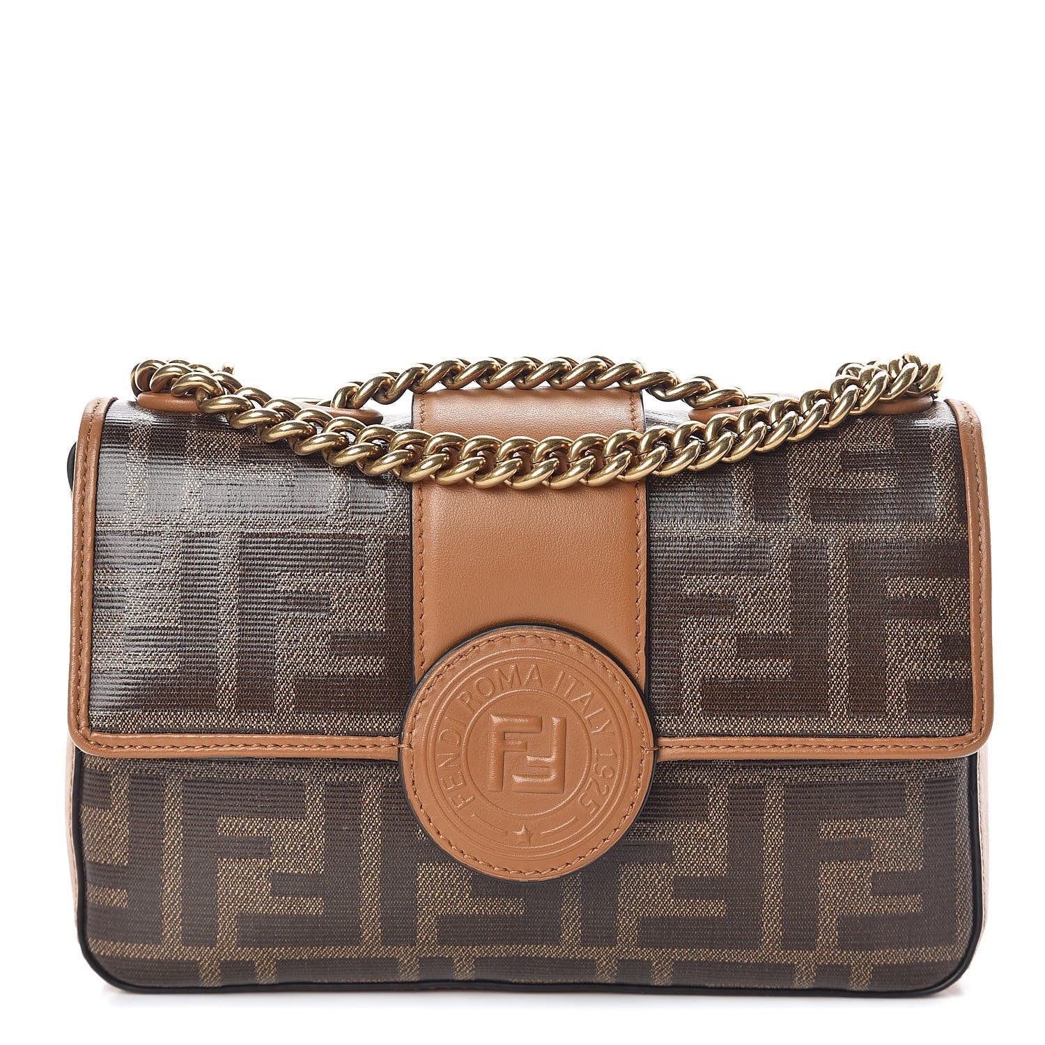 Fendi Glazed Fabric Vitello Century FF 1974 Stamp Patch Mini Double F Crossbody Bag Mogano Panna Caramello 1 of 10