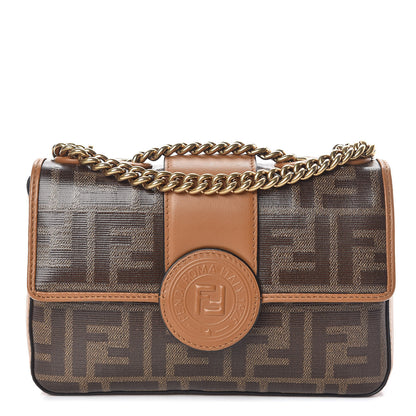 Fendi Glazed Fabric Vitello Century FF 1974 Stamp Patch Mini Double F Crossbody Bag Mogano Panna Caramello 1 of 10