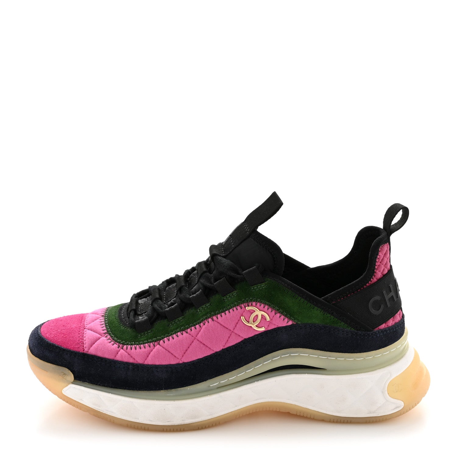 Chanel Velvet Calfskin Mixed Fibers CC Sneakers 39 Dark Pink Green 1 of 10