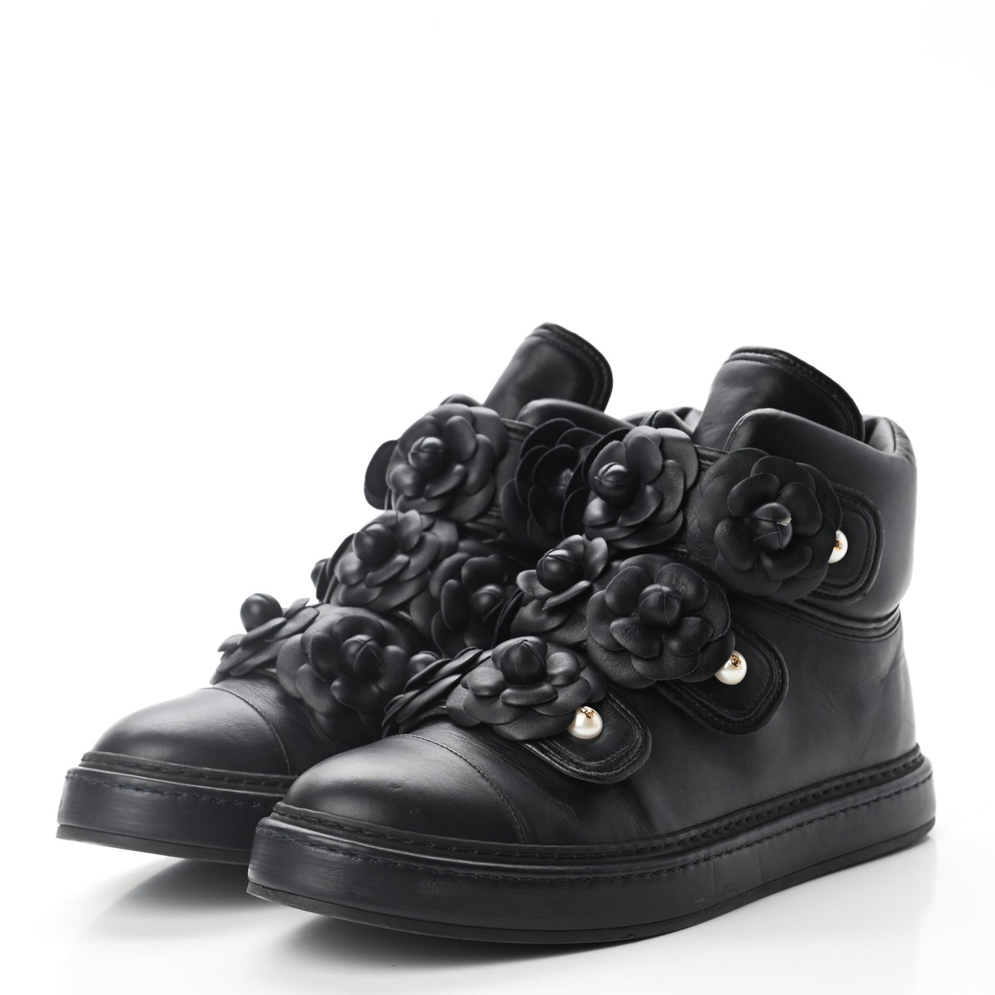 Lambskin Camellia High Top Sneakers 40 Navy