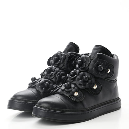 Chanel Lambskin Camellia High Top Sneakers 40 Navy 3 of 10