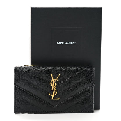 Saint Laurent Grain De Poudre Matelasse Chevron Monogram Fragments Zippered Card Case Black 8 of 8