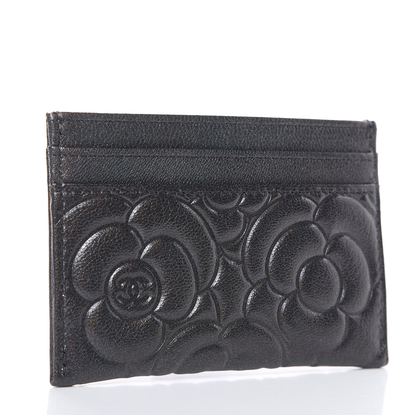 Goatskin Camellia Embossed Card Holder Wallet Grey