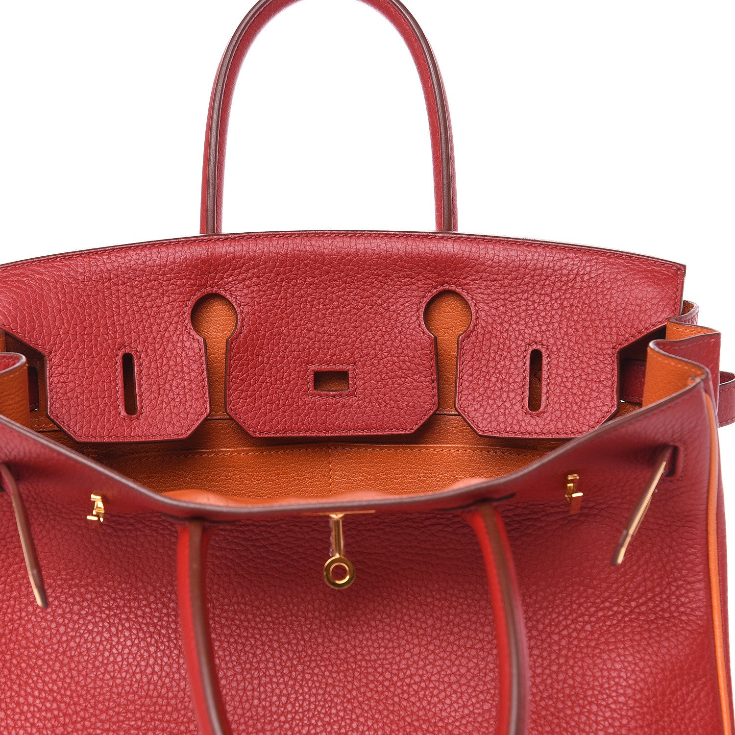 Hermes Taurillon Clemence Horseshoe Bi-Color Birkin 30 Rouge Garance and Orange 20 of 28