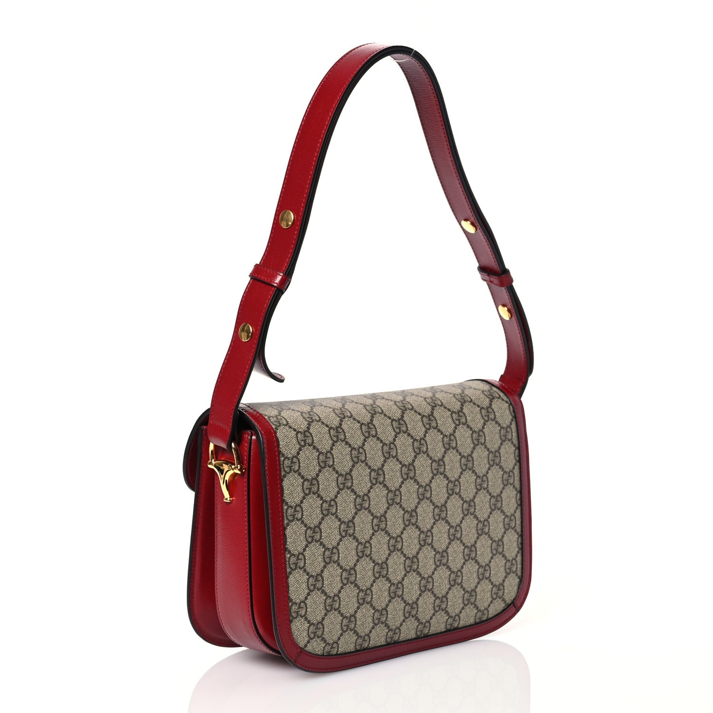GG Supreme Monogram Azalea Calfskin Horsebit 1955 Shoulder Bag Beige Ebony New Cherry Red