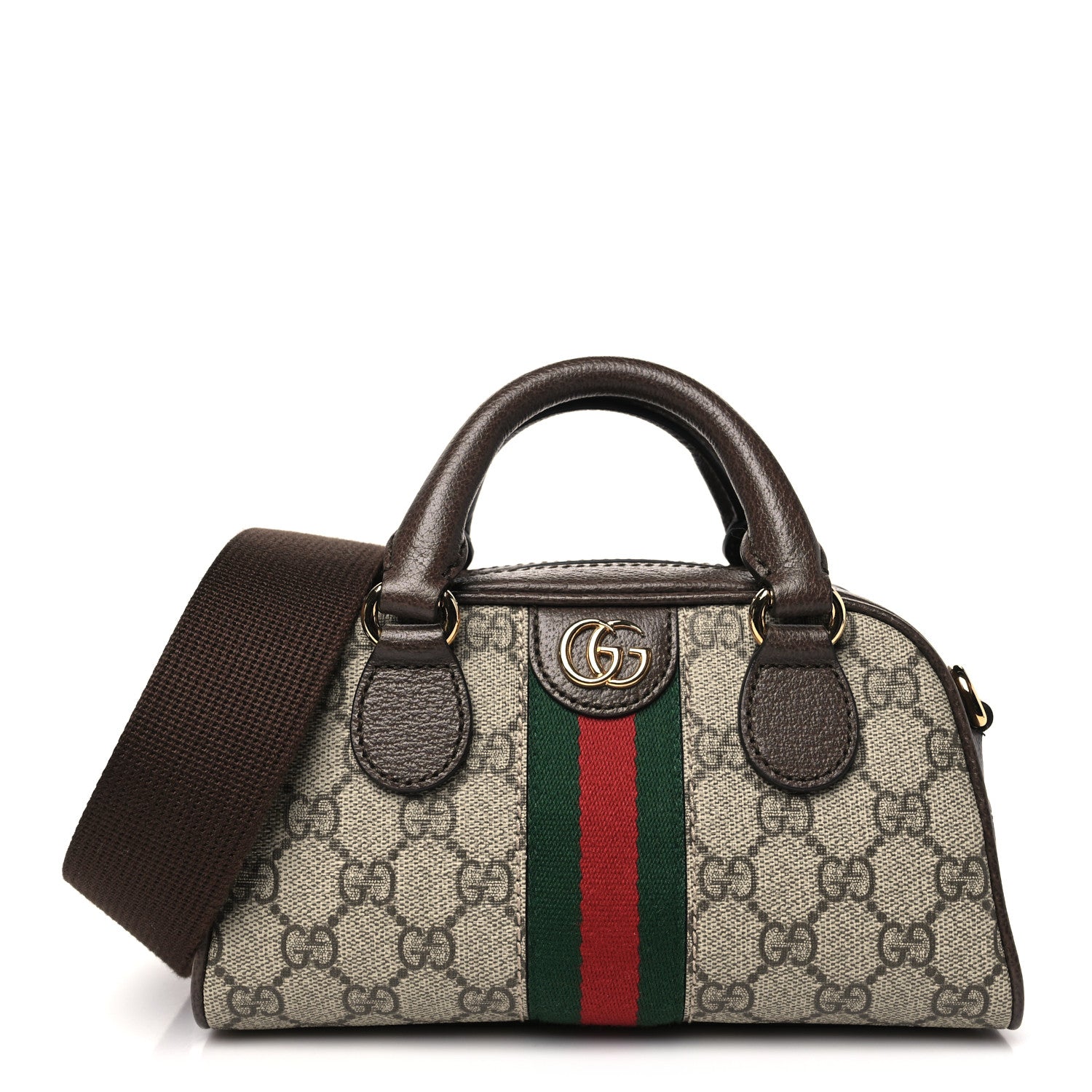 Gucci GG Supreme Monogram Textured Dollar Calfskin Web Mini Ophidia Top Handle Bowler Bag Beige Ebony New Acero 1 of 10