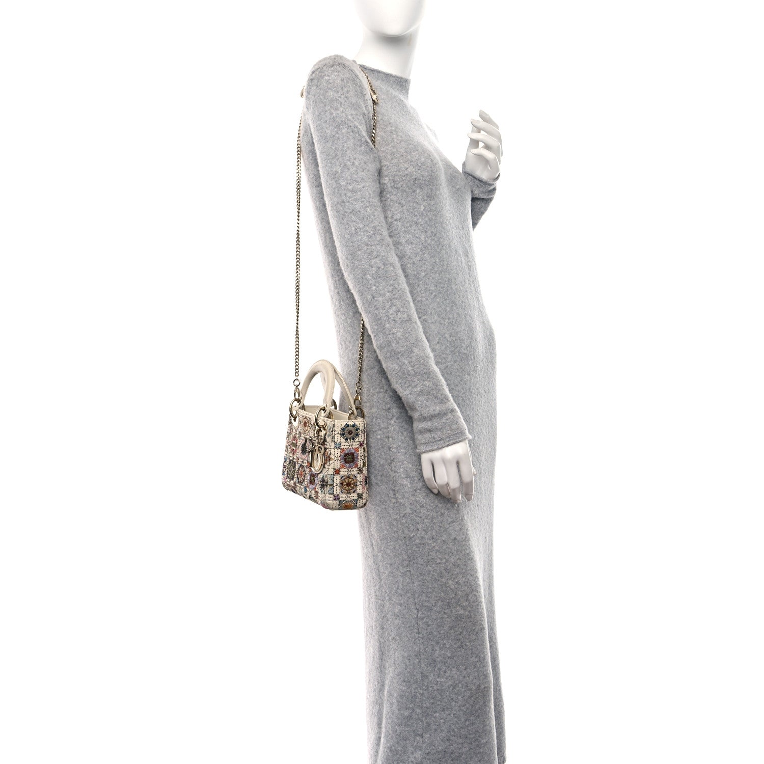 Christian Dior Calfskin Embroidered Beaded Geometric Cannage Mini Lady Dior White Multicolor 3 of 13