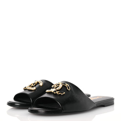 Chanel Shiny Calfskin Crystal CC Sandals 37 Black 3 of 10