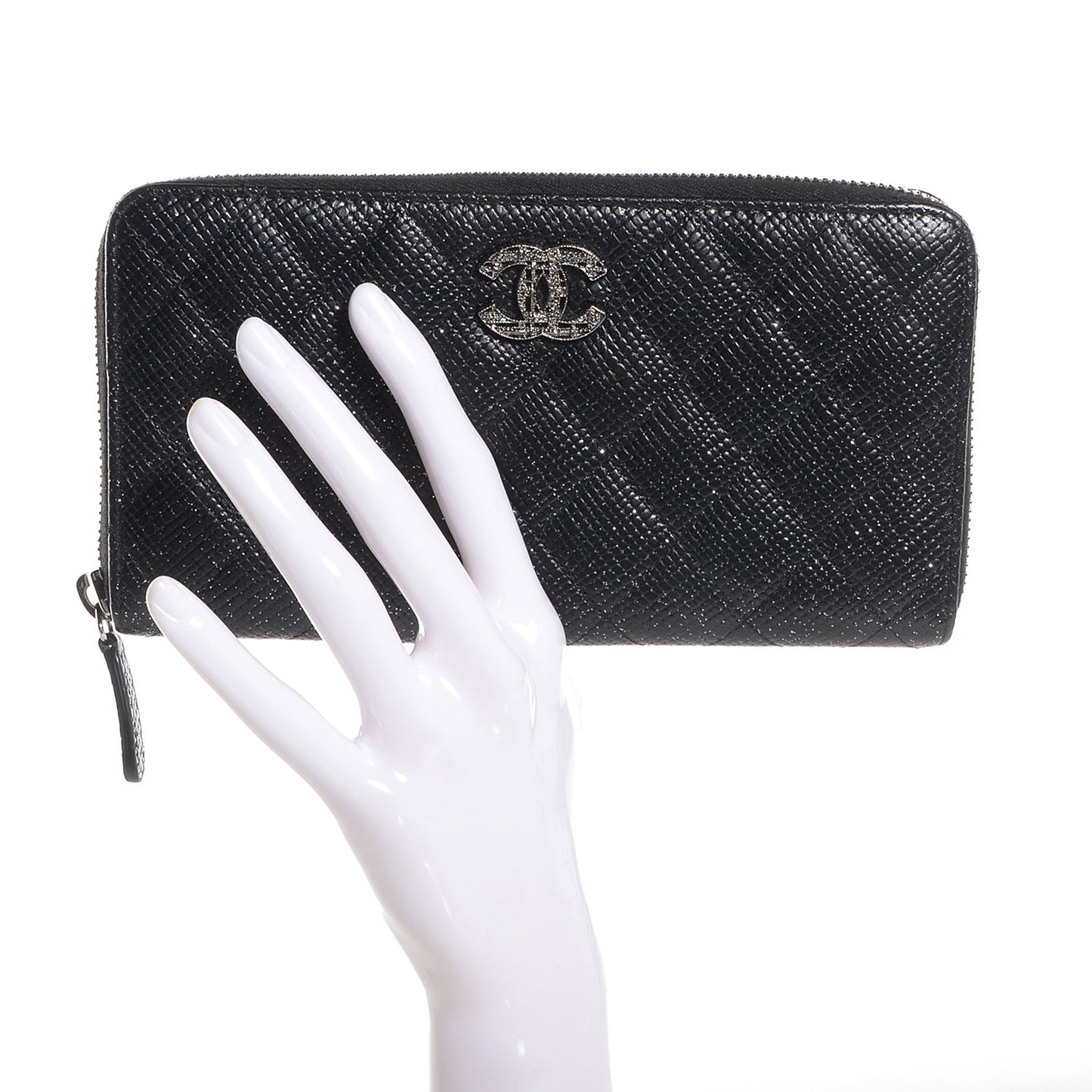 Glittered Calfskin Quilted Large Gusset Zip Wallet Black