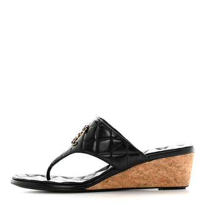 Chanel Shiny Goatskin Cork CC Wedge Sandals 39 Black 1 of 9