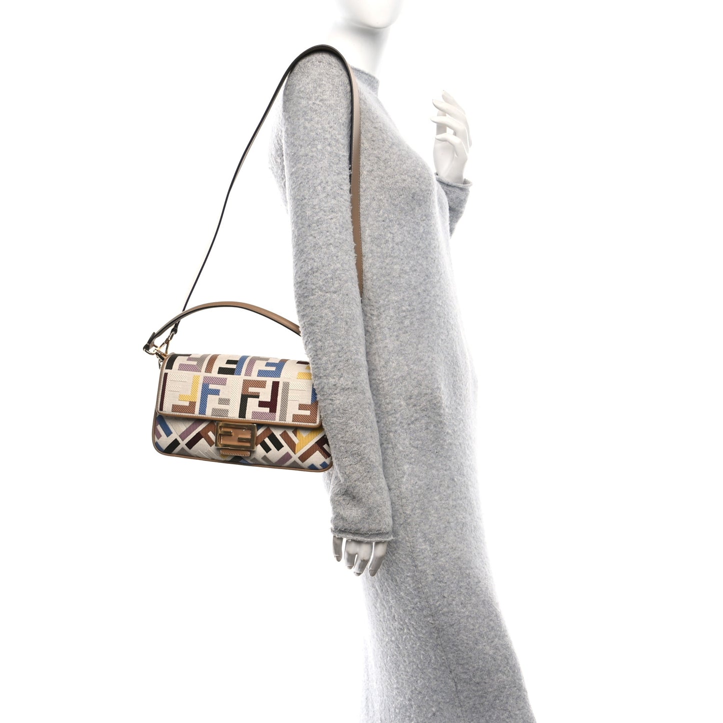 Canvas Vitello King FF Multicolor Embroidered Baguette Dusty Mauve Cappuccino Multicolor