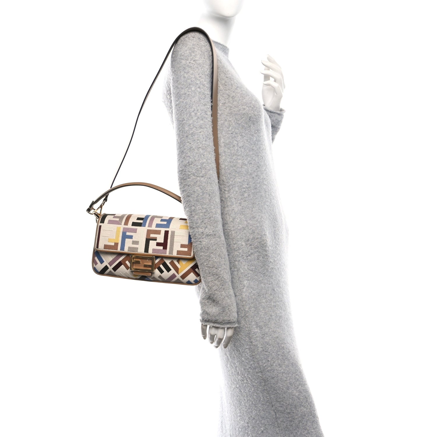 Fendi Canvas Vitello King FF Multicolor Embroidered Baguette Dusty Mauve Cappuccino Multicolor 2 of 10