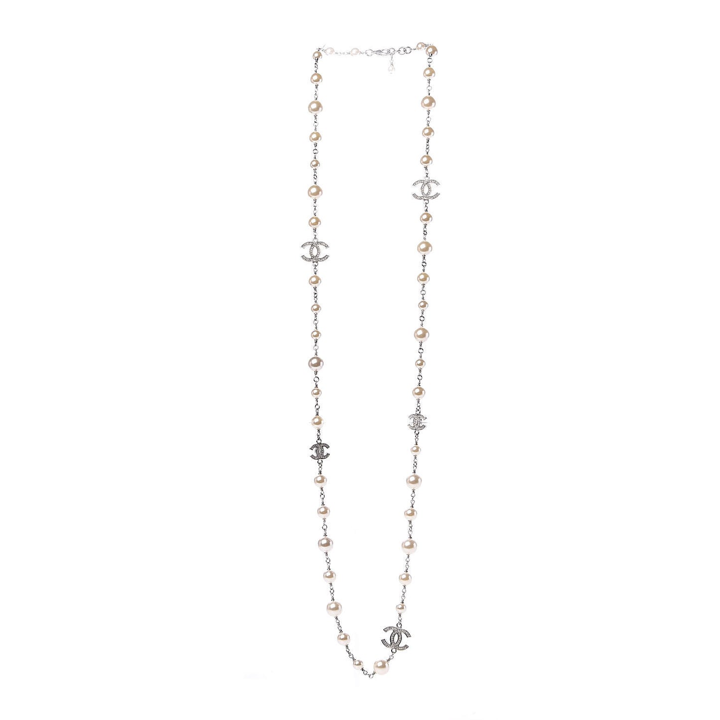 Crystal Pearl CC Long Necklace Silver