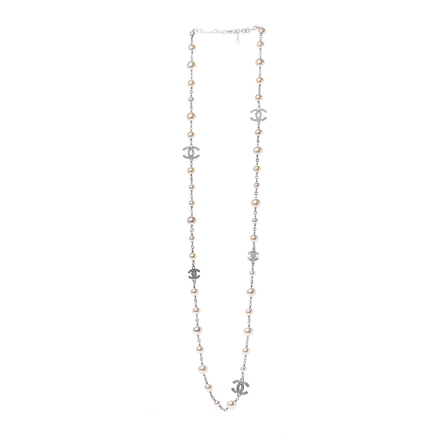 Chanel Crystal Pearl CC Long Necklace Silver 3 of 5