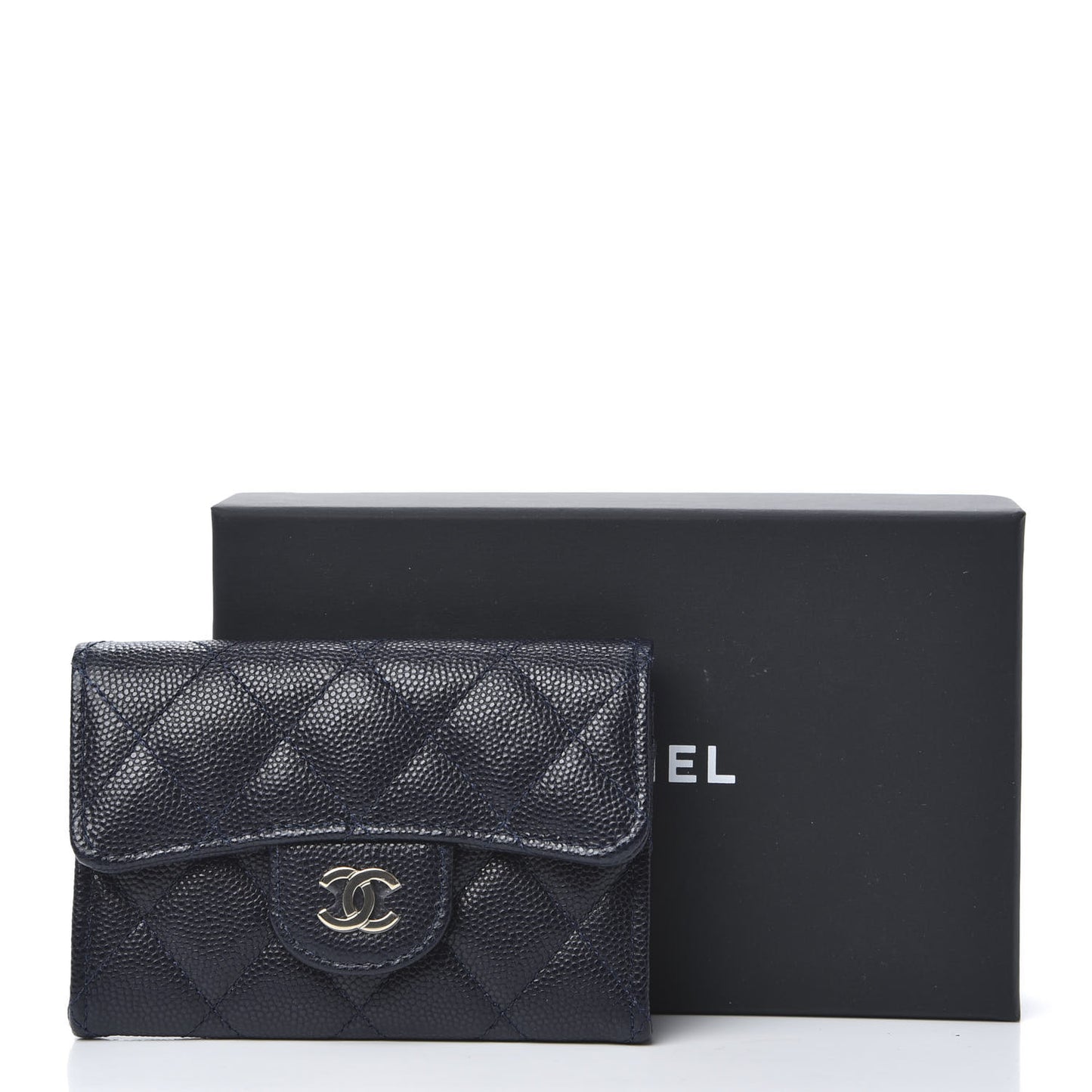 Caviar Quilted Flap Card Holder Wallet Navy Blue