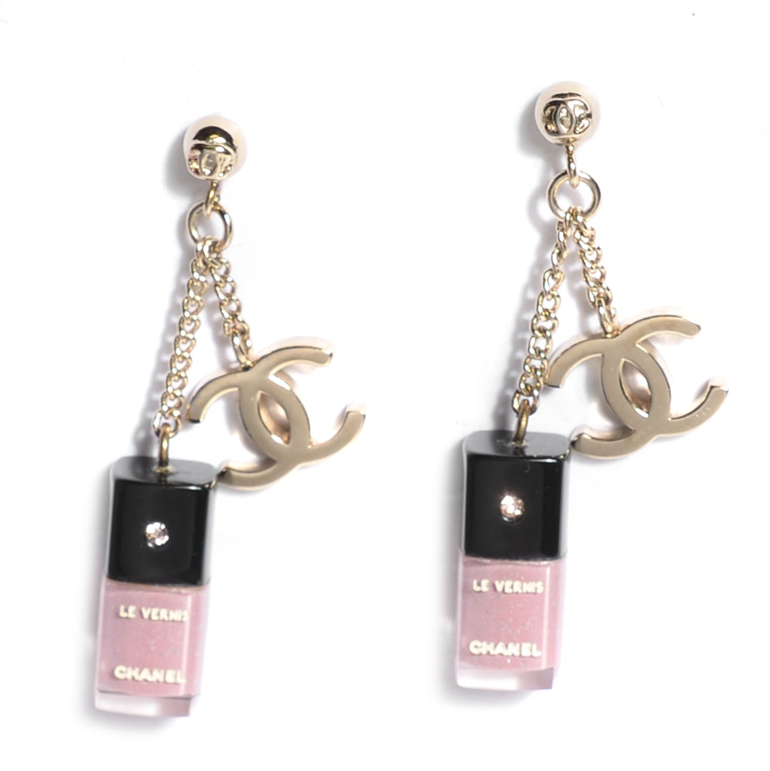 Chanel CC Nail Polish Charm Earrings Gold Pink 1 of 7