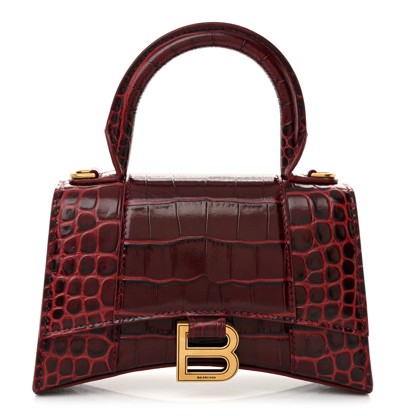Shiny Calfskin Crocodile Embossed Hourglass Top Handle Bag XS Dark Red