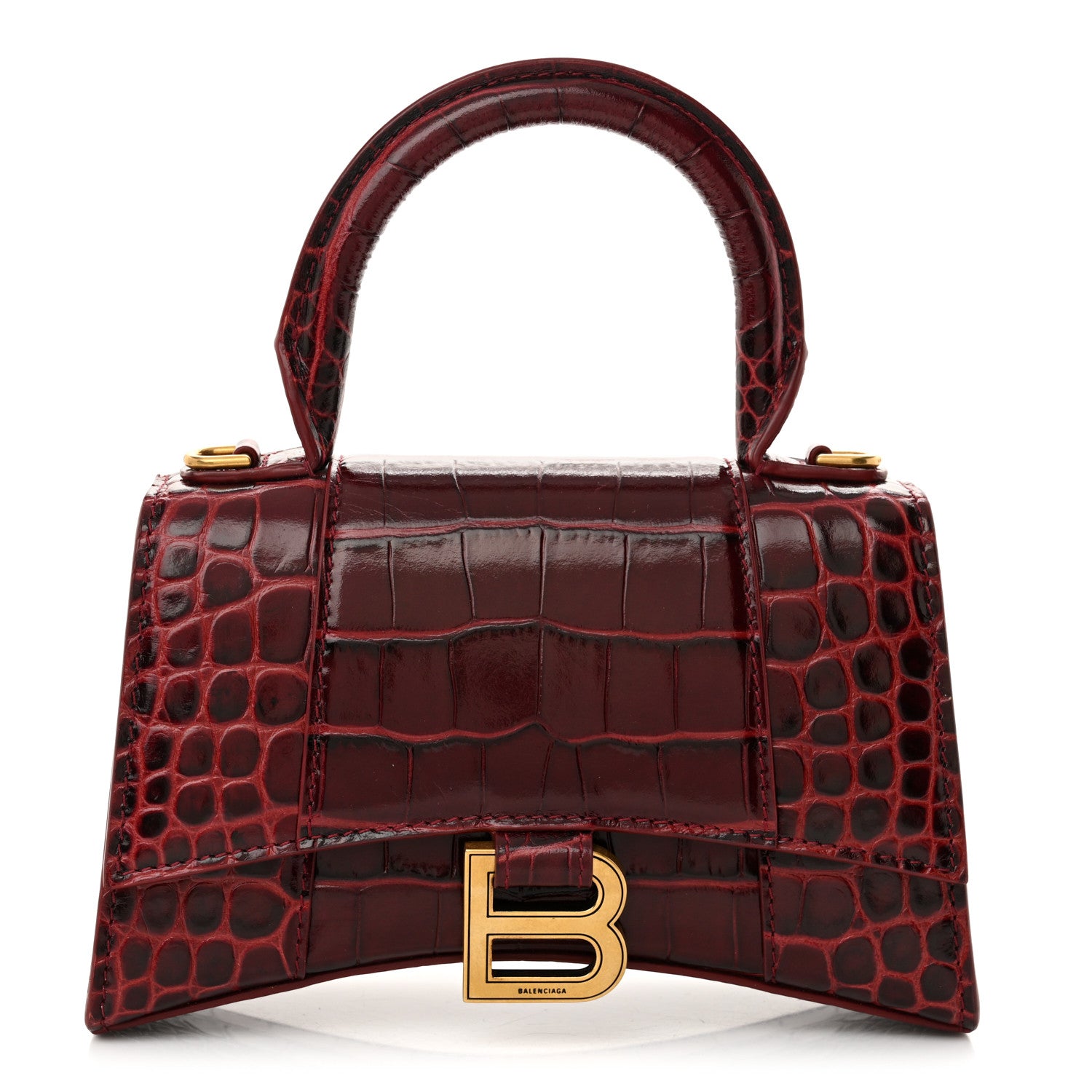 Balenciaga Shiny Calfskin Crocodile Embossed Hourglass Top Handle Bag XS Dark Red 1 of 14