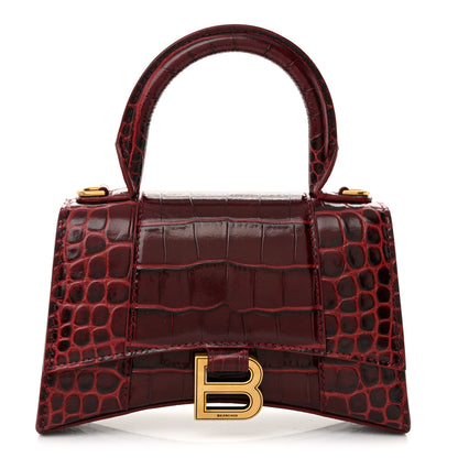 Balenciaga Shiny Calfskin Crocodile Embossed Hourglass Top Handle Bag XS Dark Red 1 of 14