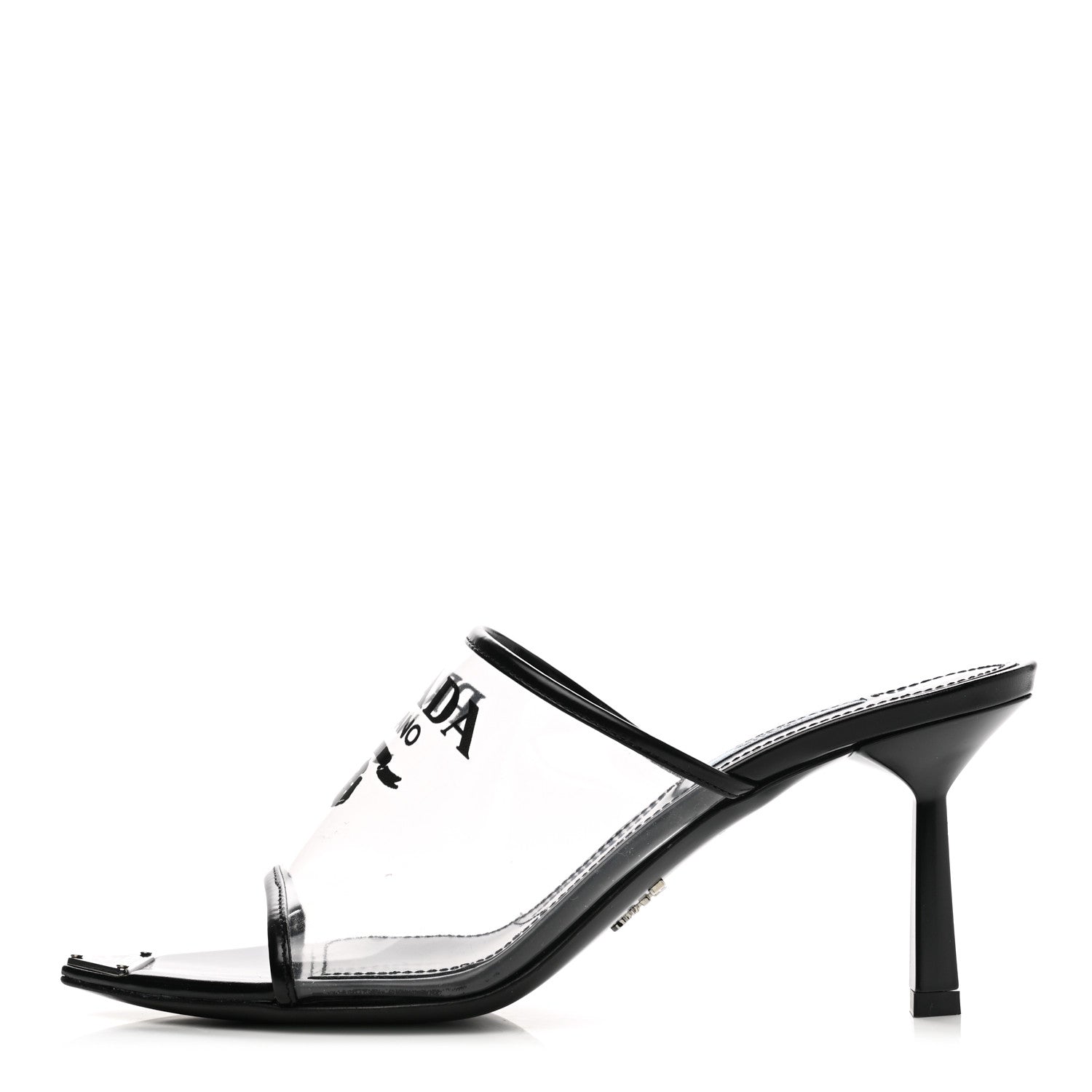 Prada Plexiglass Calfskin Metal Triangle Logo 75mm Slide Sandals 37 Black 1 of 12