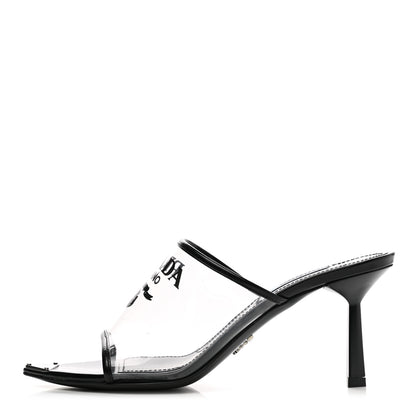 Prada Plexiglass Calfskin Metal Triangle Logo 75mm Slide Sandals 37 Black 1 of 12