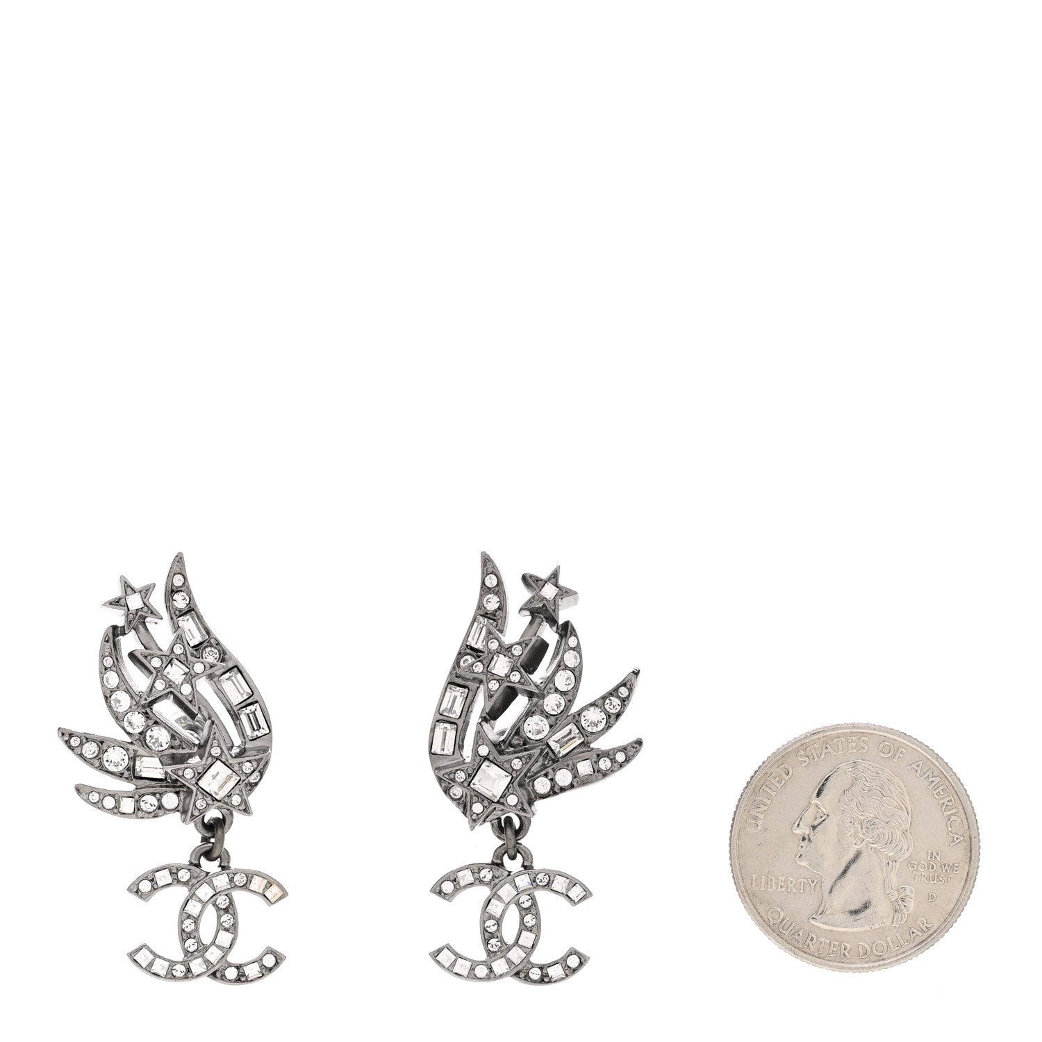 Chanel Crystal Baguette CC Wing Star Earrings Silver 2 of 5