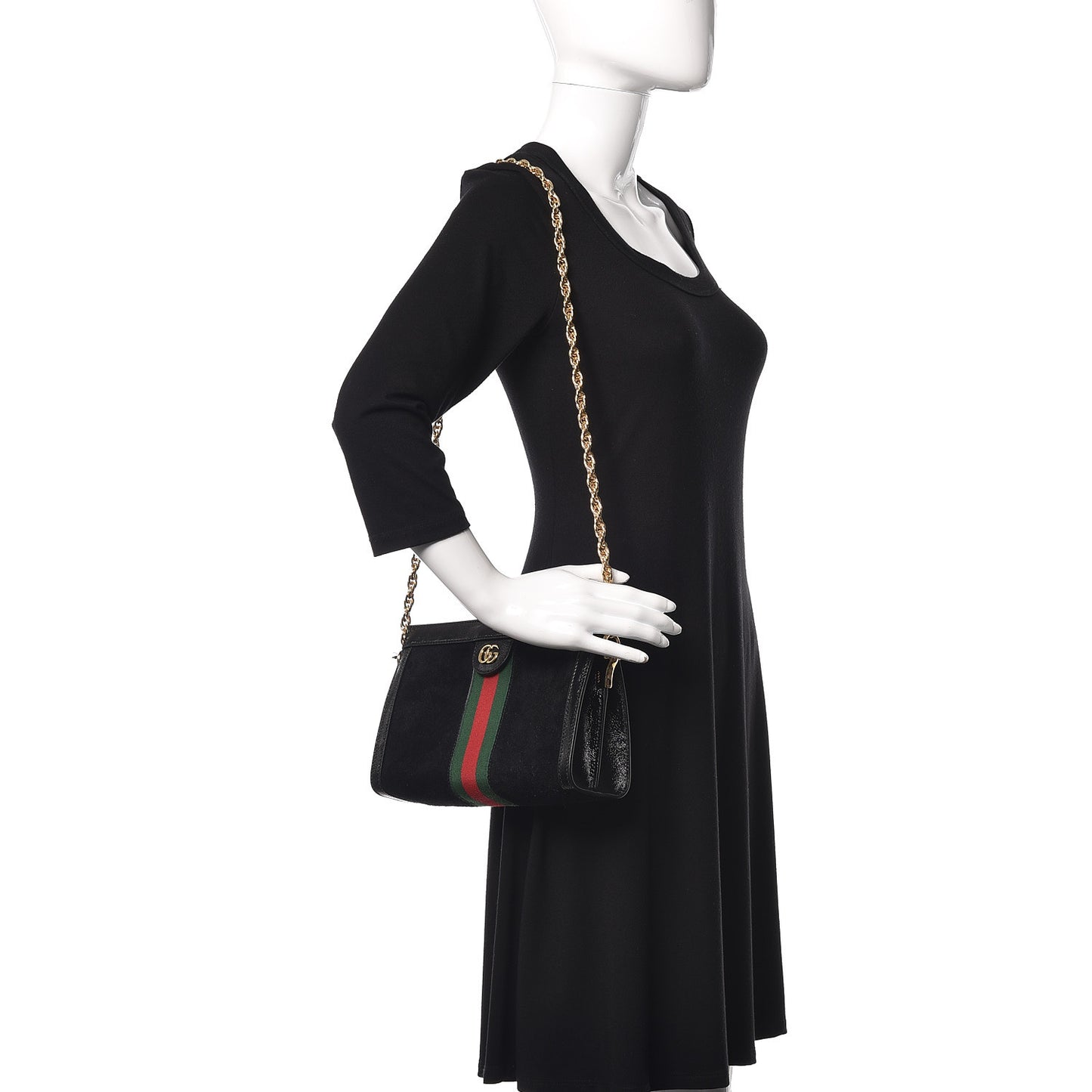 Suede Patent GG Web Small Ophidia Chain Shoulder Bag Black