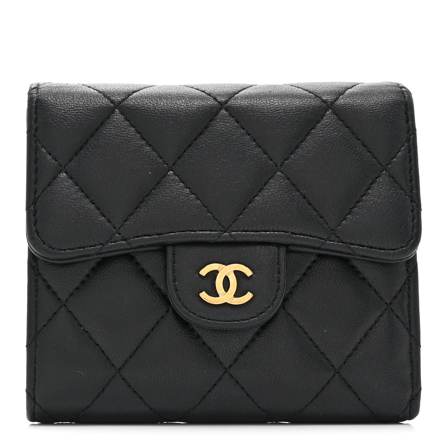 Lambskin Quilted Compact Flap Wallet Black