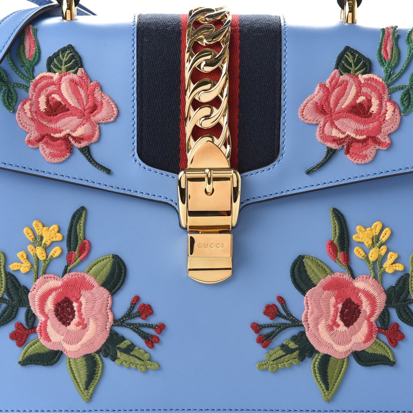 Calfskin Embroidered Medium Sylvie Top Handle Bag Clear Sky Blue