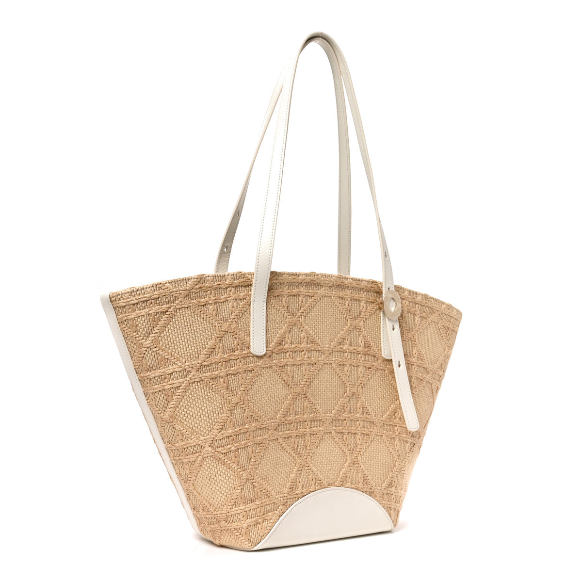 Raffia Calfskin Cannage Blooming Small Tote Beige White