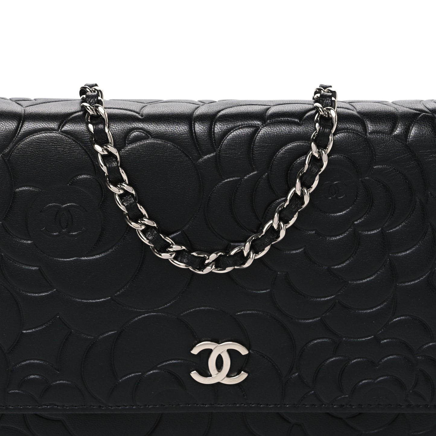 Lambskin Camellia Embossed Wallet On Chain WOC Black