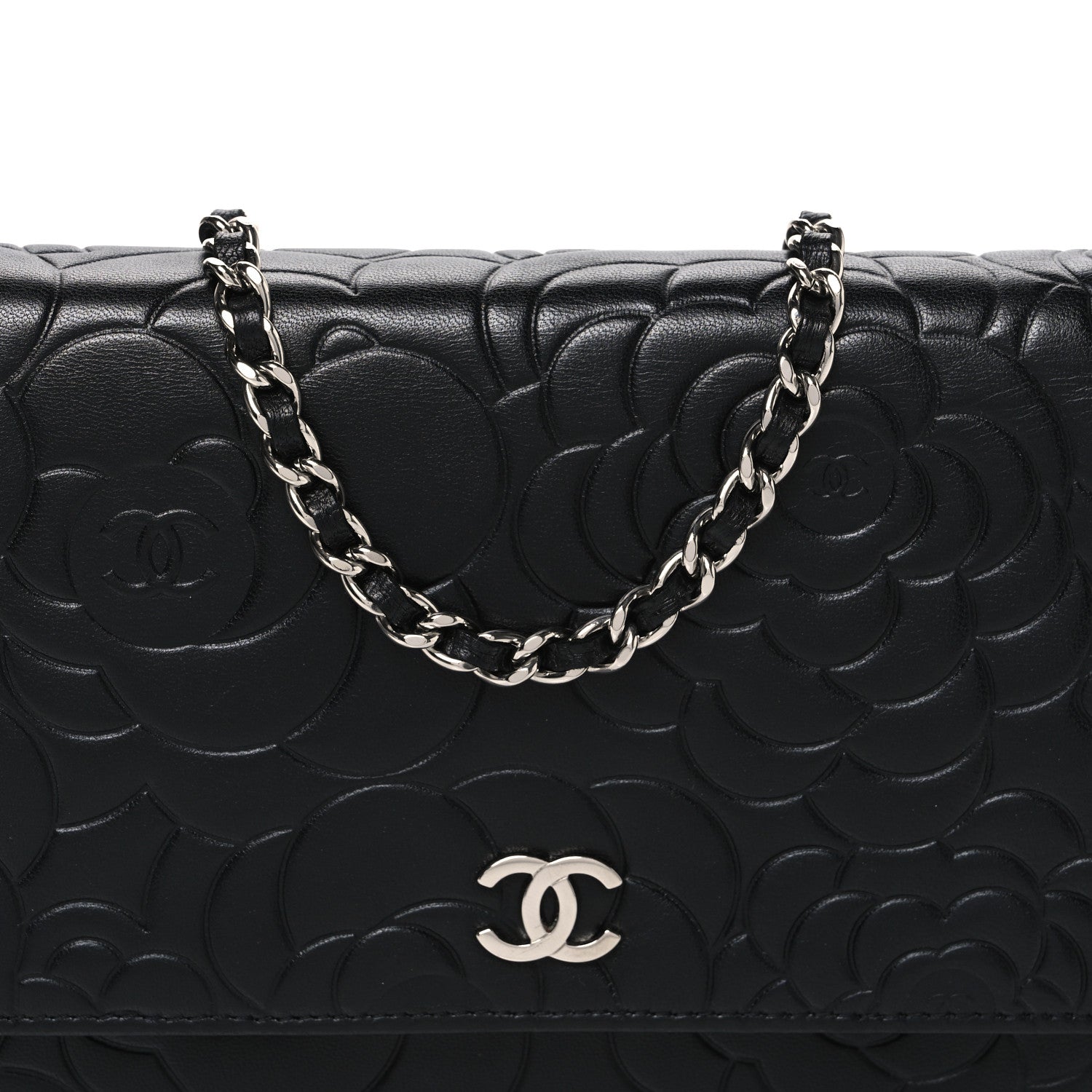 Chanel Lambskin Camellia Embossed Wallet On Chain WOC Black 8 of 11