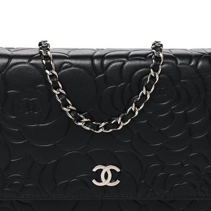 Chanel Lambskin Camellia Embossed Wallet On Chain WOC Black 8 of 11
