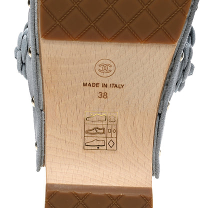 Chanel Suede Calfskin Camellia Mules 38 Light Blue 6 of 9