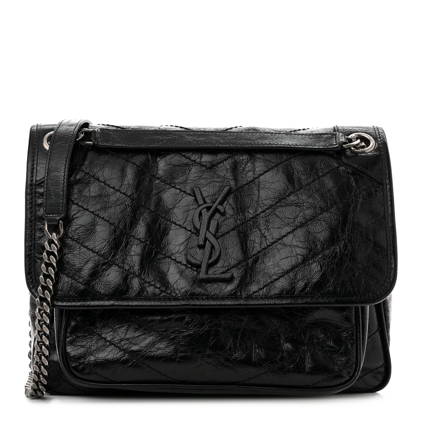 Crinkled Calfskin Matelasse Monogram Medium Niki Chain Satchel Black