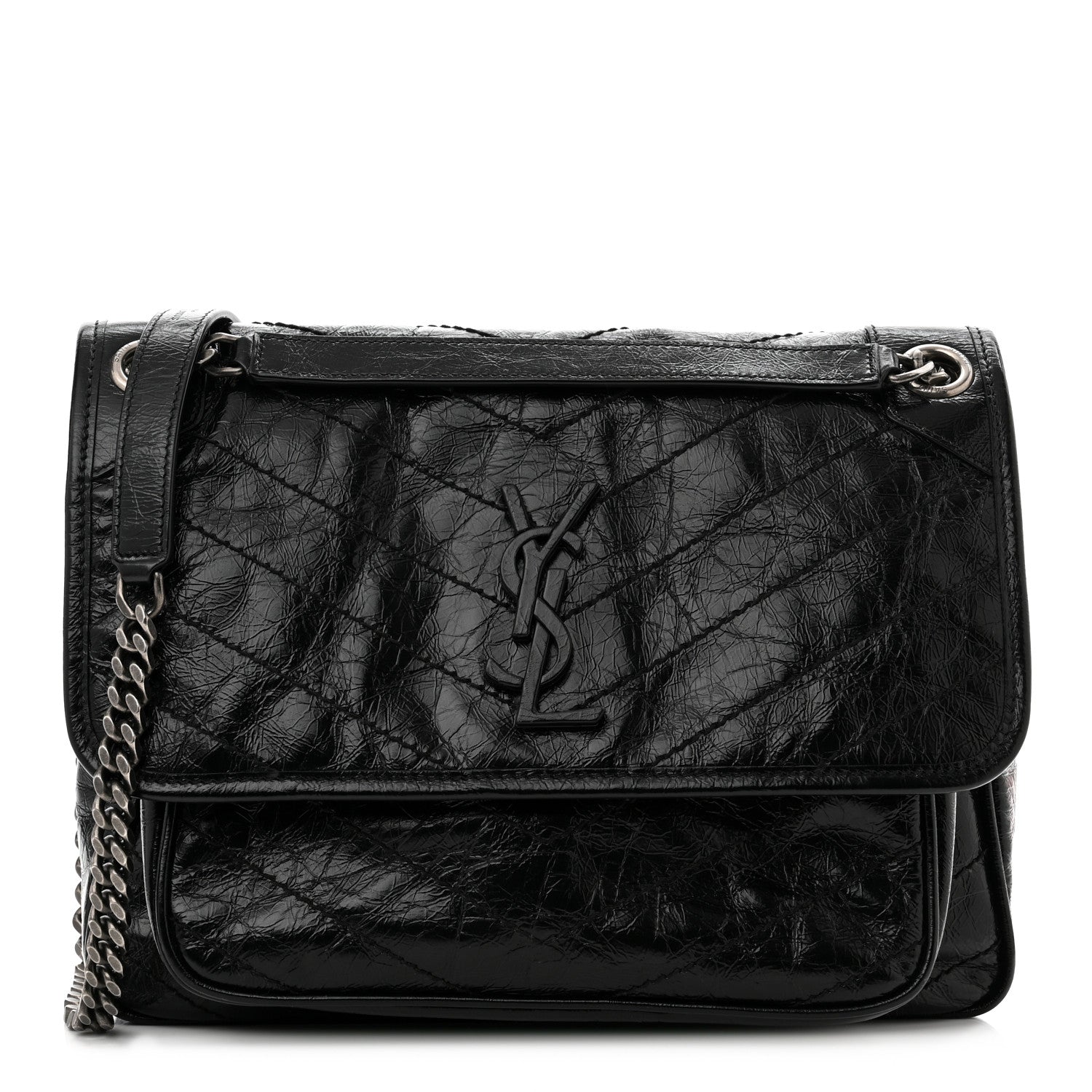 Saint Laurent Crinkled Calfskin Matelasse Monogram Medium Niki Chain Satchel Black 1 of 8