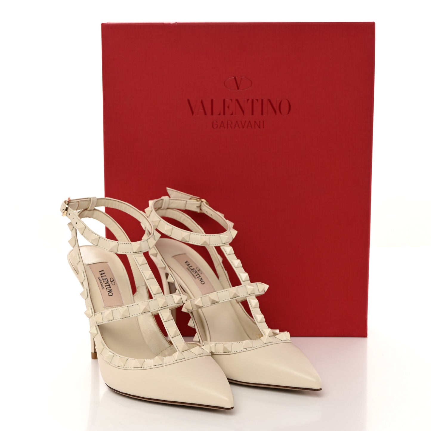 Calfskin Lacquered Monochrome Rockstud Ankle Strap 100mm Pumps 35.5 Ivory
