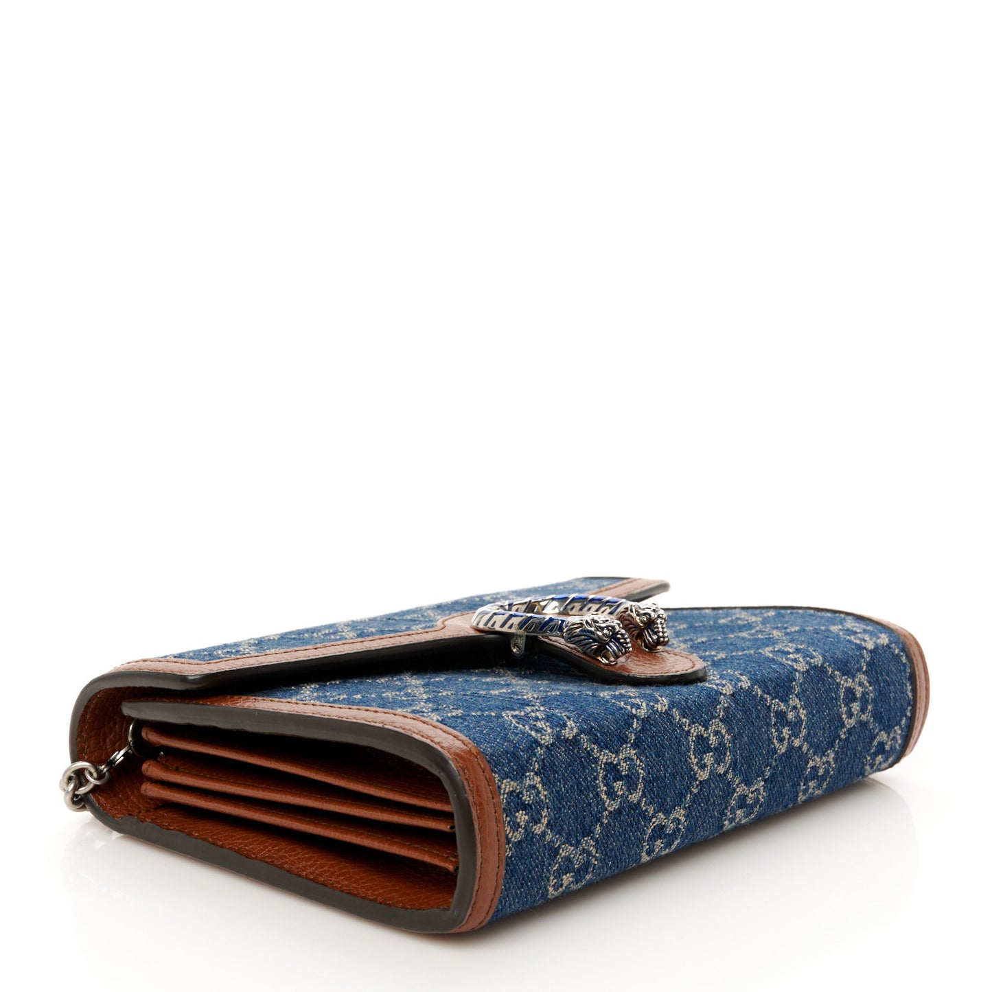 New Denim GG Monogram Dollar Calfskin Enamel Mini Dionysus Chain Wallet Blue Tea Cuir Epilog Electric Blue