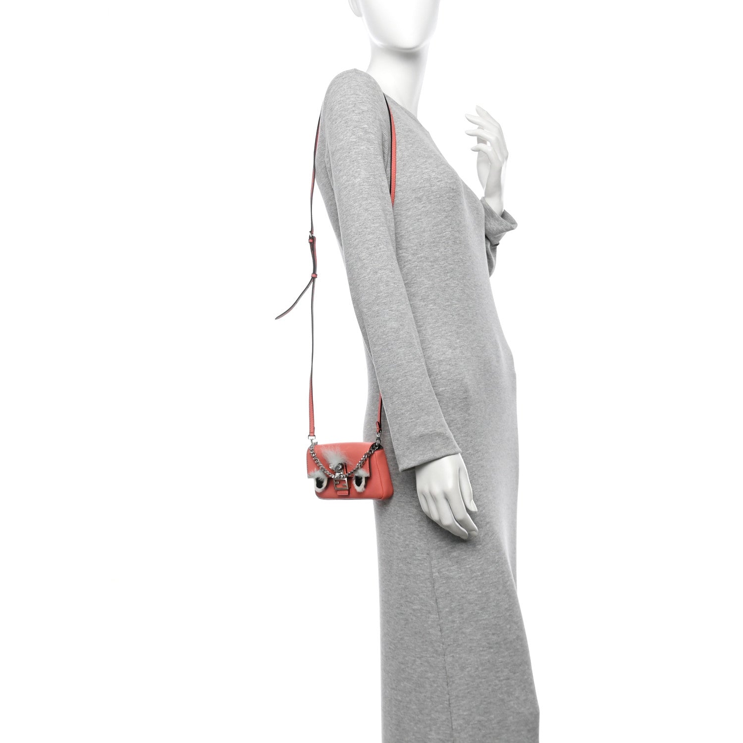 Fendi Nappa Rabbit Fox Fur Micro Buggie Baguette Coral 3 of 29