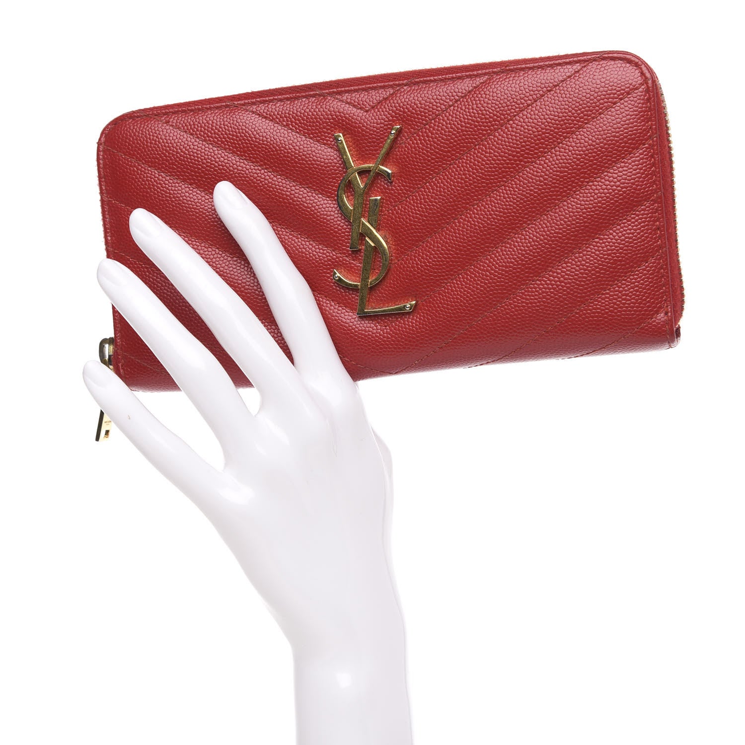 Saint Laurent Grain De Poudre Matelasse Chevron Monogram Zip Around Wallet Red 2 of 9