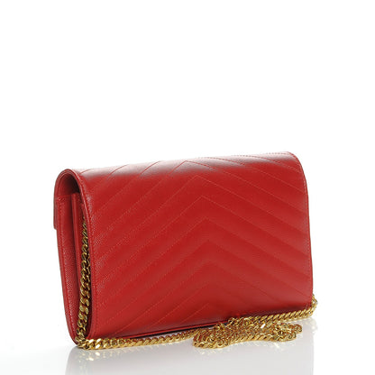 Saint Laurent Grain De Poudre Matelasse Chevron Monogram Chain Wallet New Red 3 of 8