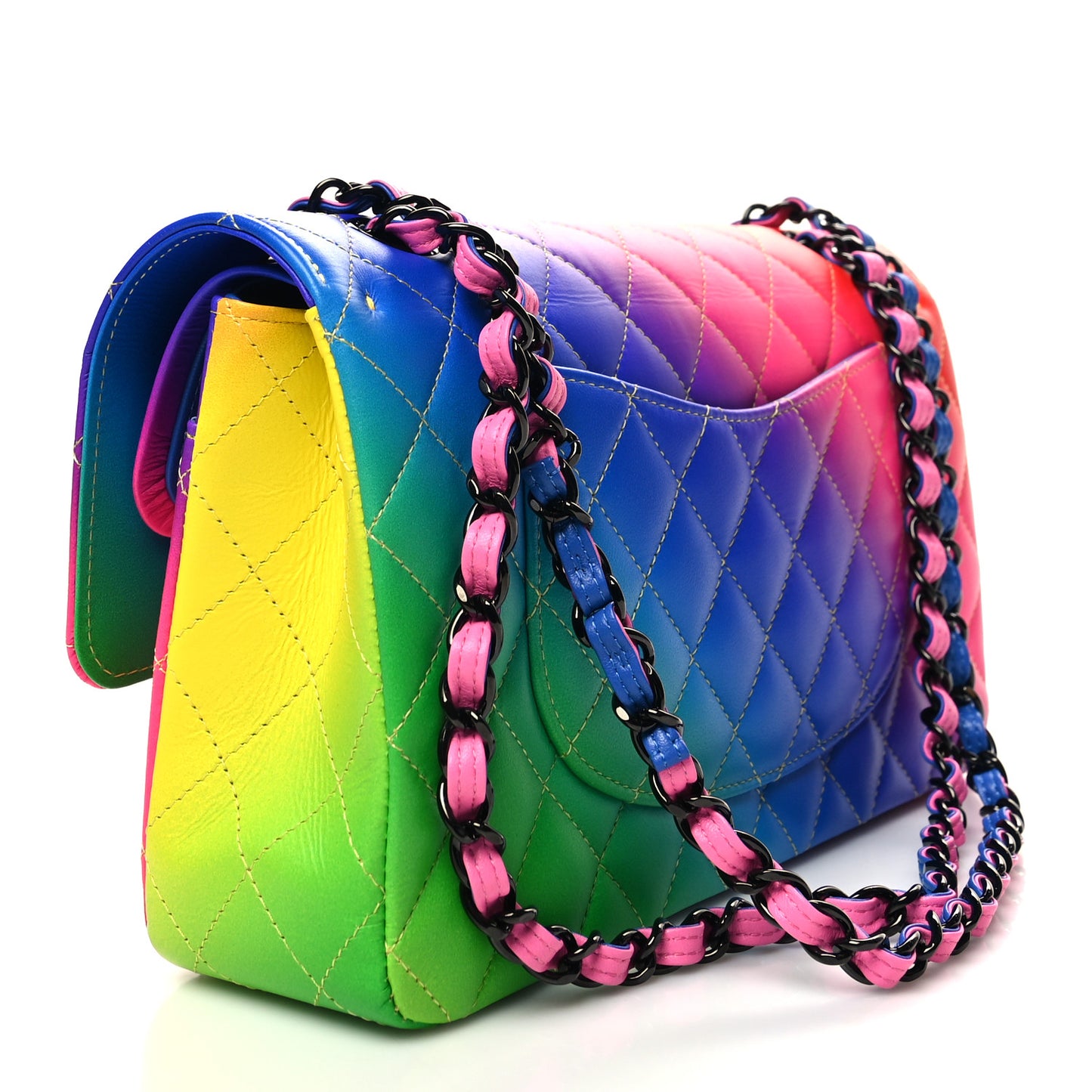 Calfskin Quilted Medium Rainbow Double Flap Multicolor