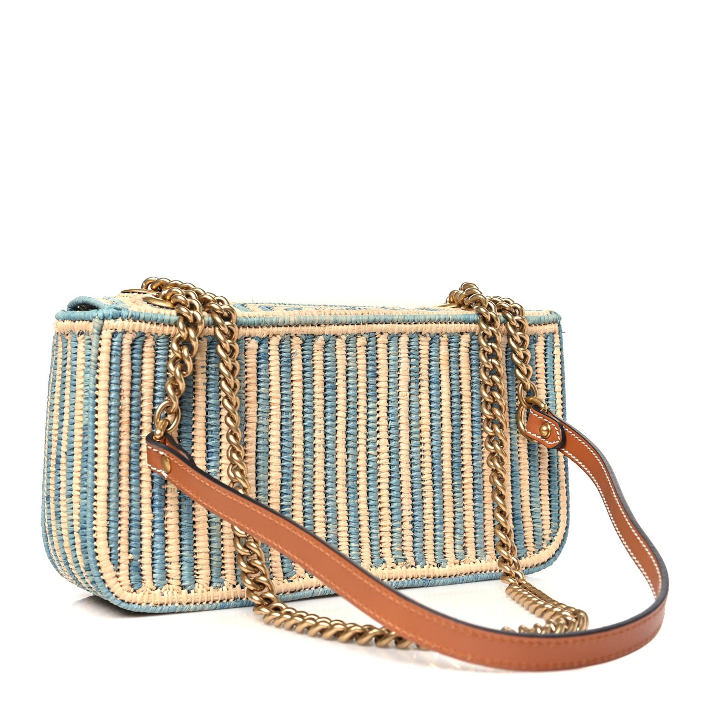 Raffia Woven Small GG Marmont Shoulder Bag Natural Light Blue