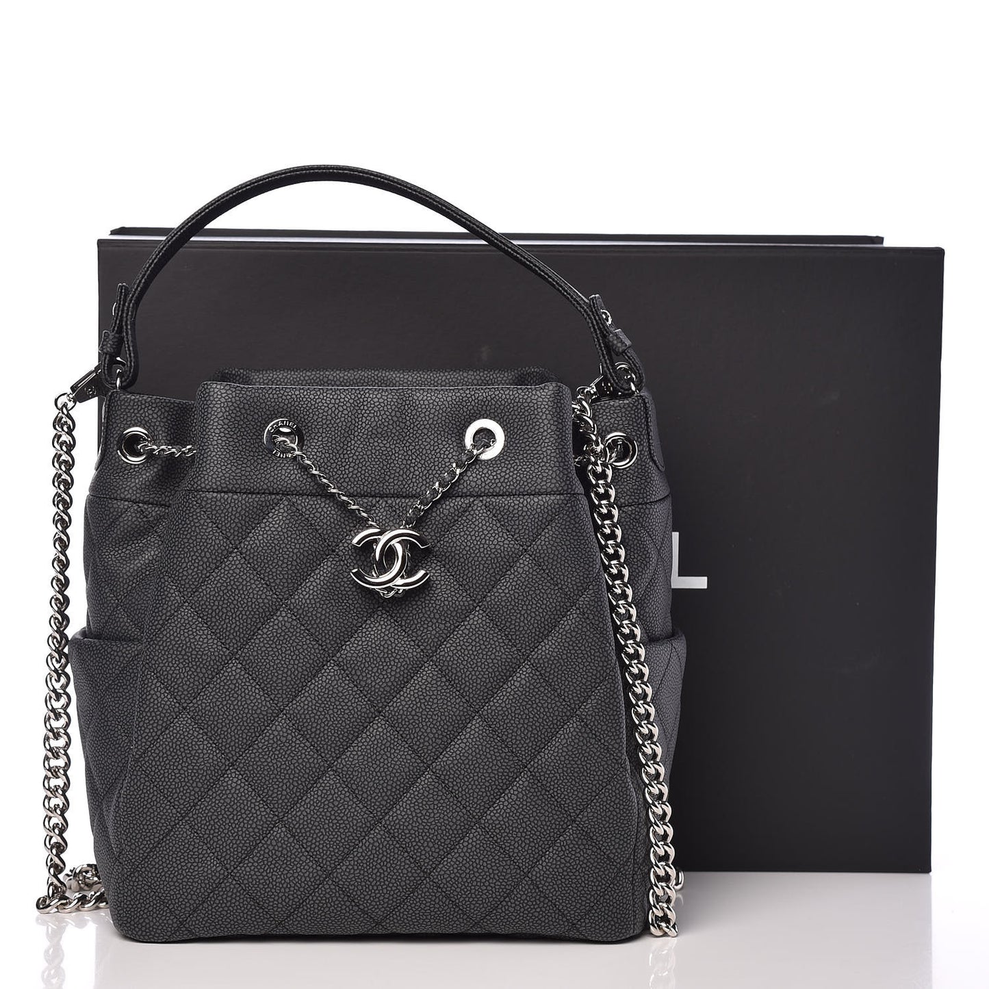 Grained Calfskin Quilted Medium CC Chain Bucket Drawstring Bag Grey