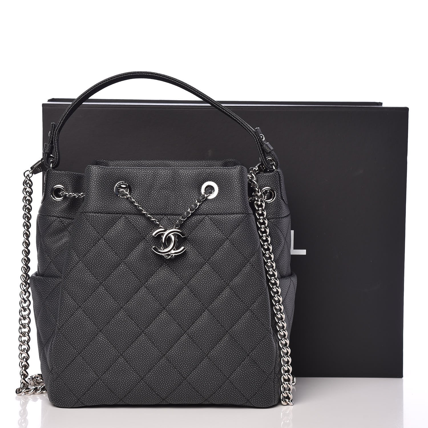 Chanel Grained Calfskin Quilted Medium CC Chain Bucket Drawstring Bag Grey 10 of 10
