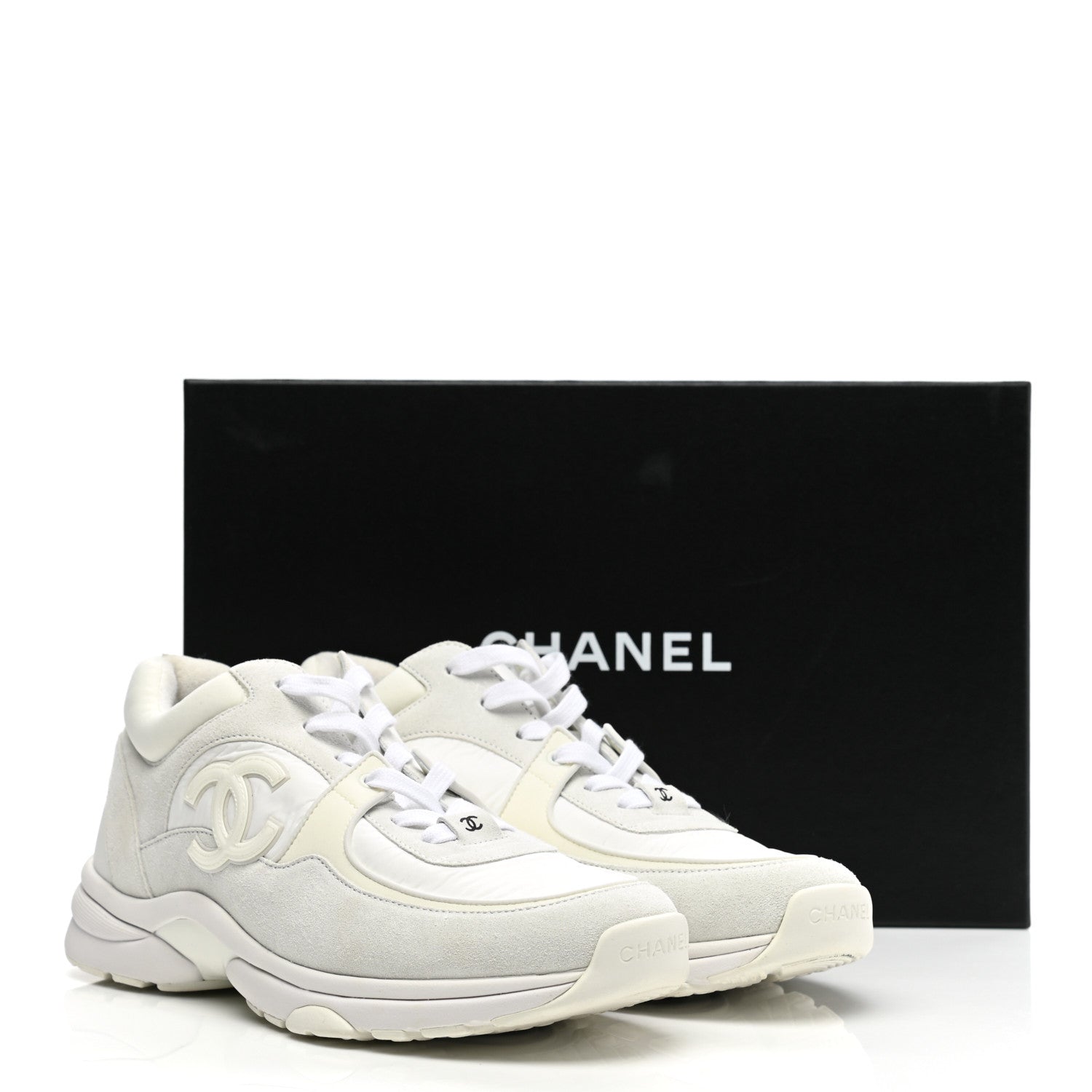 Chanel Suede Calfskin Fabric CC Sneakers 38.5 White 10 of 10