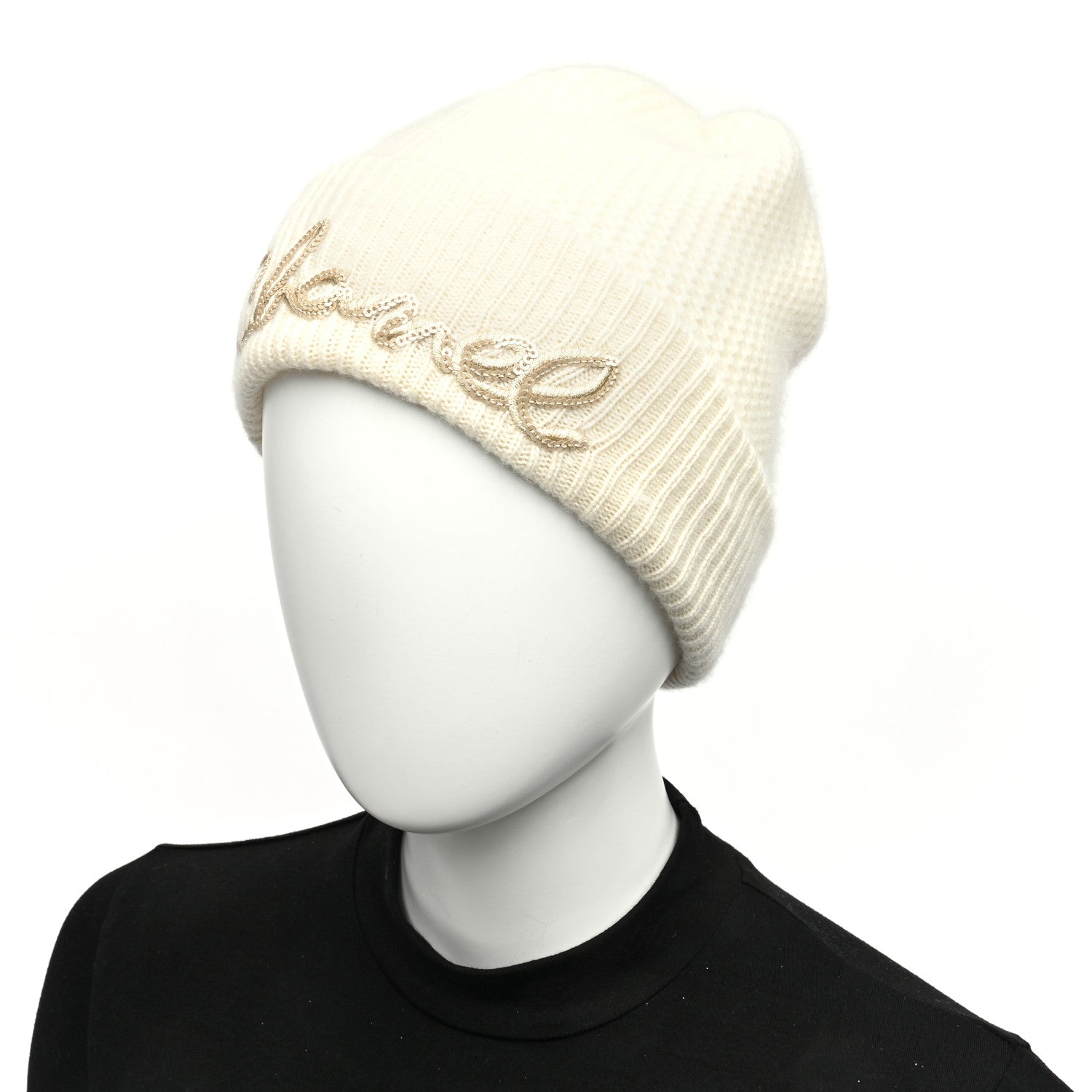 Chanel Cashmere Sequin Logo Beanie Hat Ivory Gold 5 of 5